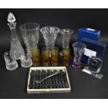 A Collection of Various Glassware to comprise Decanter, Amber Glass Drinking Glasses, Irish Boxed