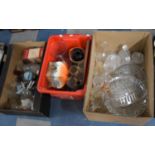 Three Boxes Containing Coloured and Plain Glassware to Include Chemists Bottles, Jelly Moulds etc