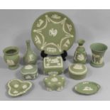 A Collection of Various Green and White Jasperware to comprise Lidded Pots, Plates, Vases Etc (11
