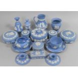 A Collection of Various Blue and White Wedgwood Jasperware to comprise Jugs, Lidded pots, Vases,