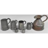 A Collection of 19th Century Pewter Measures, Copper Measuring Jug etc