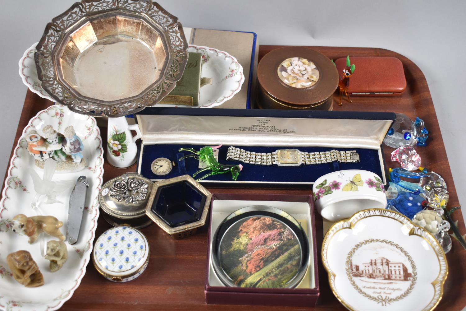 A Tray of Sundries to Include Wristwatches and Watch Movements, Glass Animals, Ceramics, Metalware