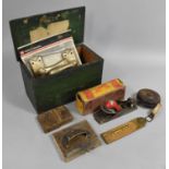 A Vintage Wooden Box Containing Medium Block Plane, Door Handles, Leather Covered Tape Measure,