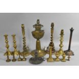 A Collection of Various Brass Candlesticks, Some Converted to Electricity, Brass Finials of Vase