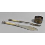 A Mother of Pearl Handled Pickle Fork and Matching Butterknife Together with Silver Napkin Ring with