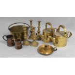 A Vintage Brass Jam Kettle, Two Pairs Brass Candlesticks, Copper Tankards and Two Brass Water Cans