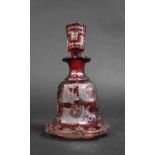 A Bohemian Overlaid Ruby Glass Scent Bottle Decorated with Hunting Scenes, 16.5cm high