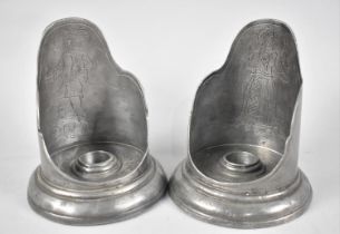 A Pair of Dutch Pewter Bed Chamber Sticks with Engraved Decoration, 12.5cms High