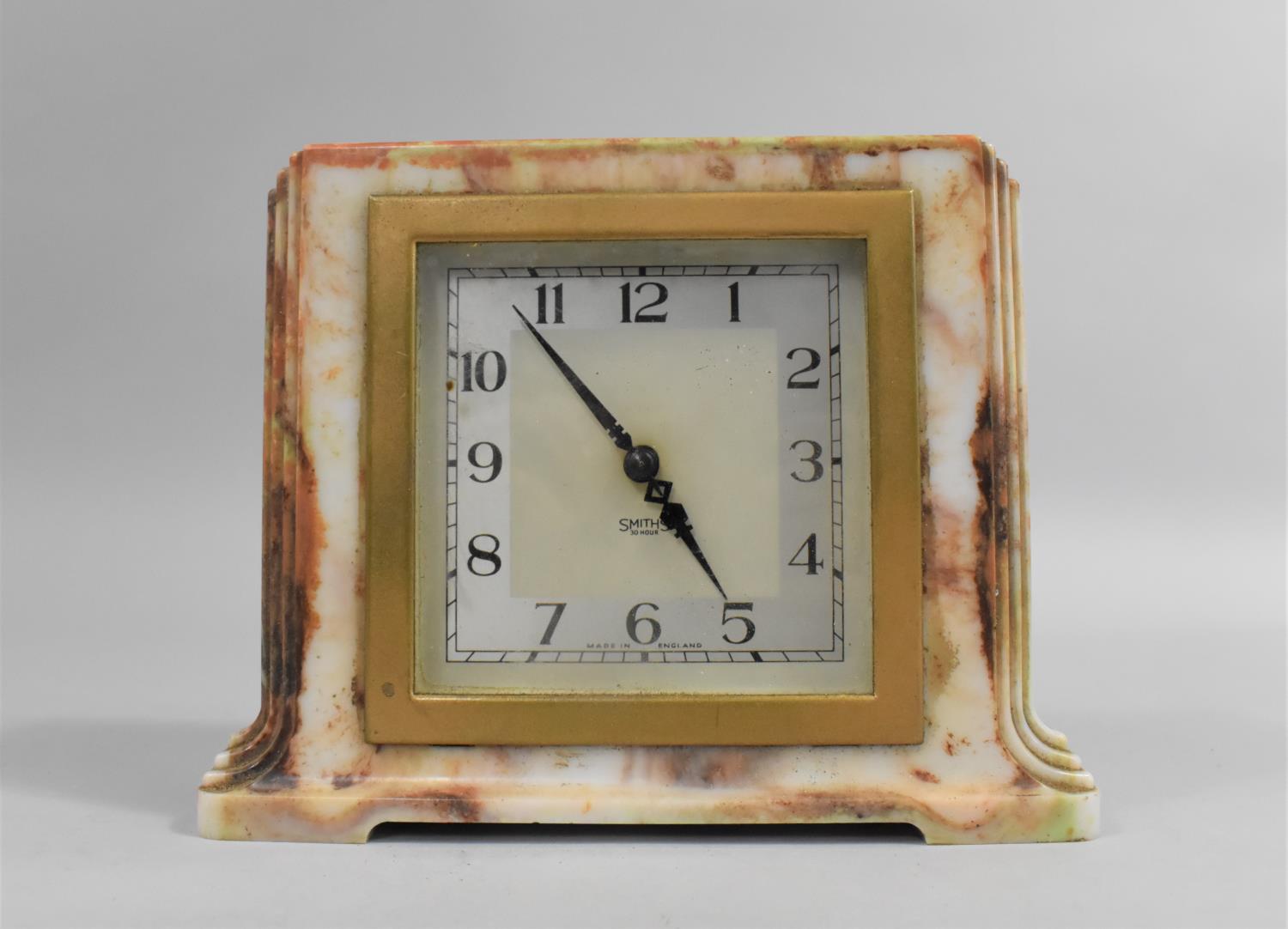 A Vintage Faux Marble Bakelite Mantel Clock by Smiths, 17cms Wide