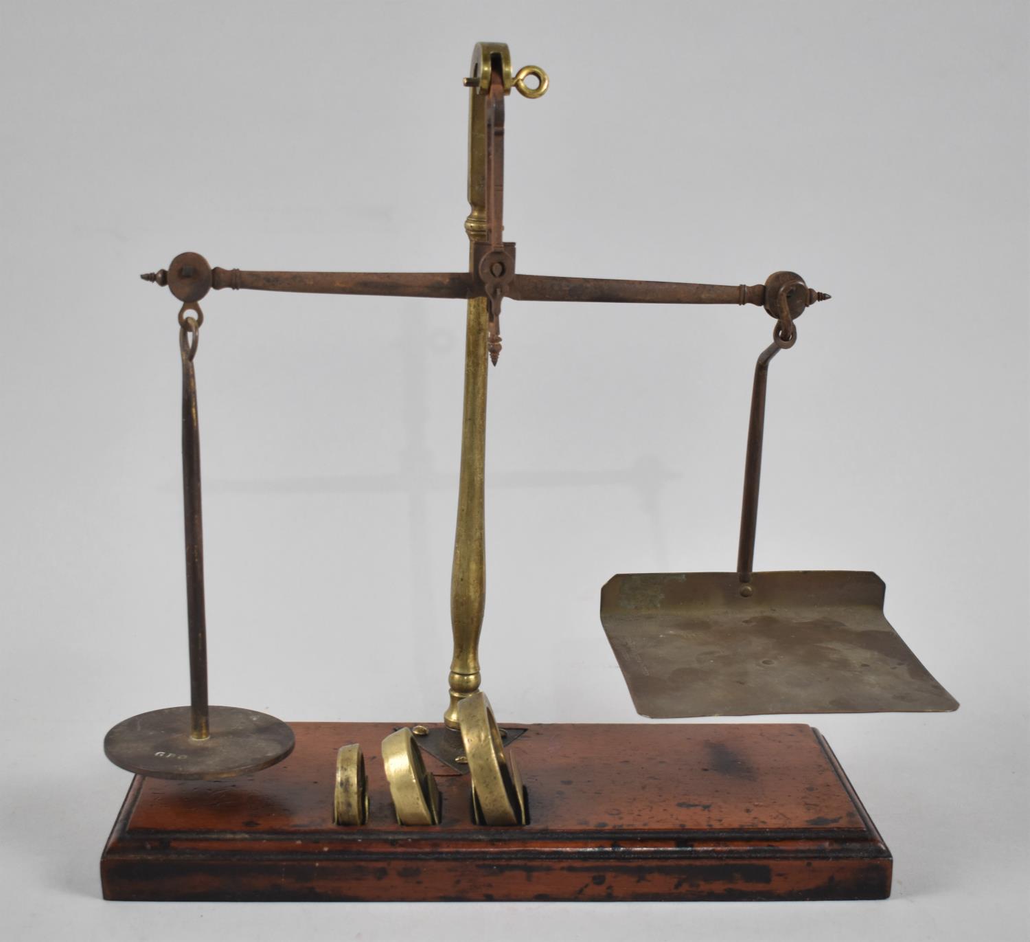 A Set of Brass and Iron Postage Scales on Mahogany Plinth Base, Complete with Three Graduated - Image 2 of 2