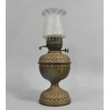 A Late 19th Century Brass Oil Lamp with Etched Glass Shade, 38cm high