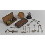 A Collection of Various Vintage Boxes Containing Pan Scales, Silver Items, Silver Plate Etc