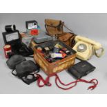 A Box of Sundries to Include Vintage Cream Telephone, Car Light bulbs, Cameras etc