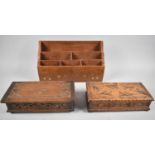 A Brass Inlaid Far Eastern Stationery Rack, Small Musical Box and a Carved Box