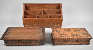 A Brass Inlaid Far Eastern Stationery Rack, Small Musical Box and a Carved Box