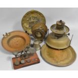 A Set of Vintage Postage Scales and Weights on Wooden Plinth, Brass Stove, Brass Wall Plaques etc