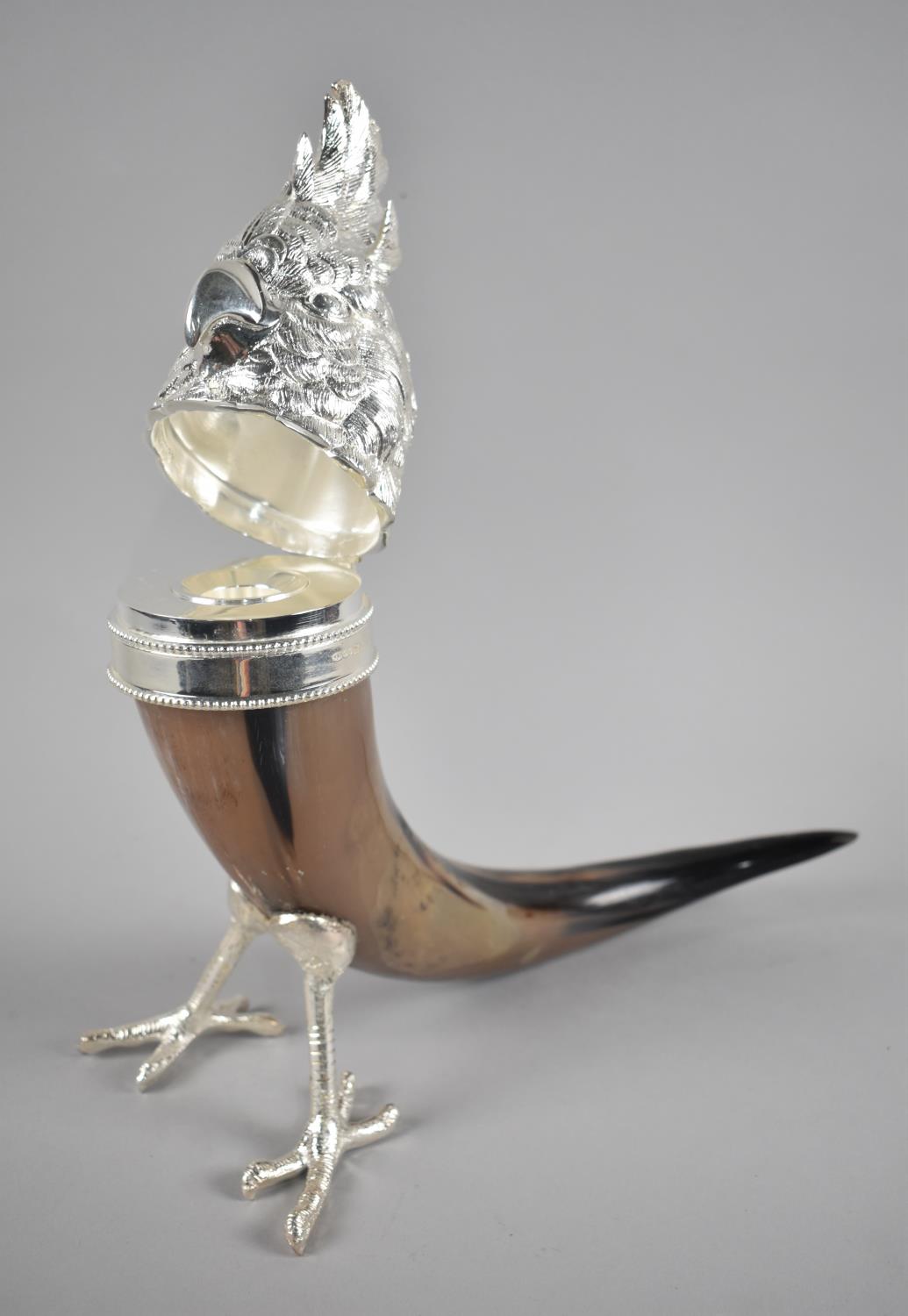 A Reproduction Silver Plate Mounted Novelty Desk Top Inkwell, Formed from a Cow Horn with Silver - Image 2 of 2