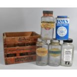 A Vintage Parkes Confectionary Crate Containing Four Vintage Glass Sweet Jars and a Fox's Glacier