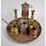 A Collection of Copper and Brass Items to Include Miners Lamp, Measuring Jug, Cider Warmer,