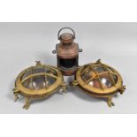 Two Vintage Heavy Duty Brass Framed Bulkhead Light Fittings Together with Copper Ship's Overtaking