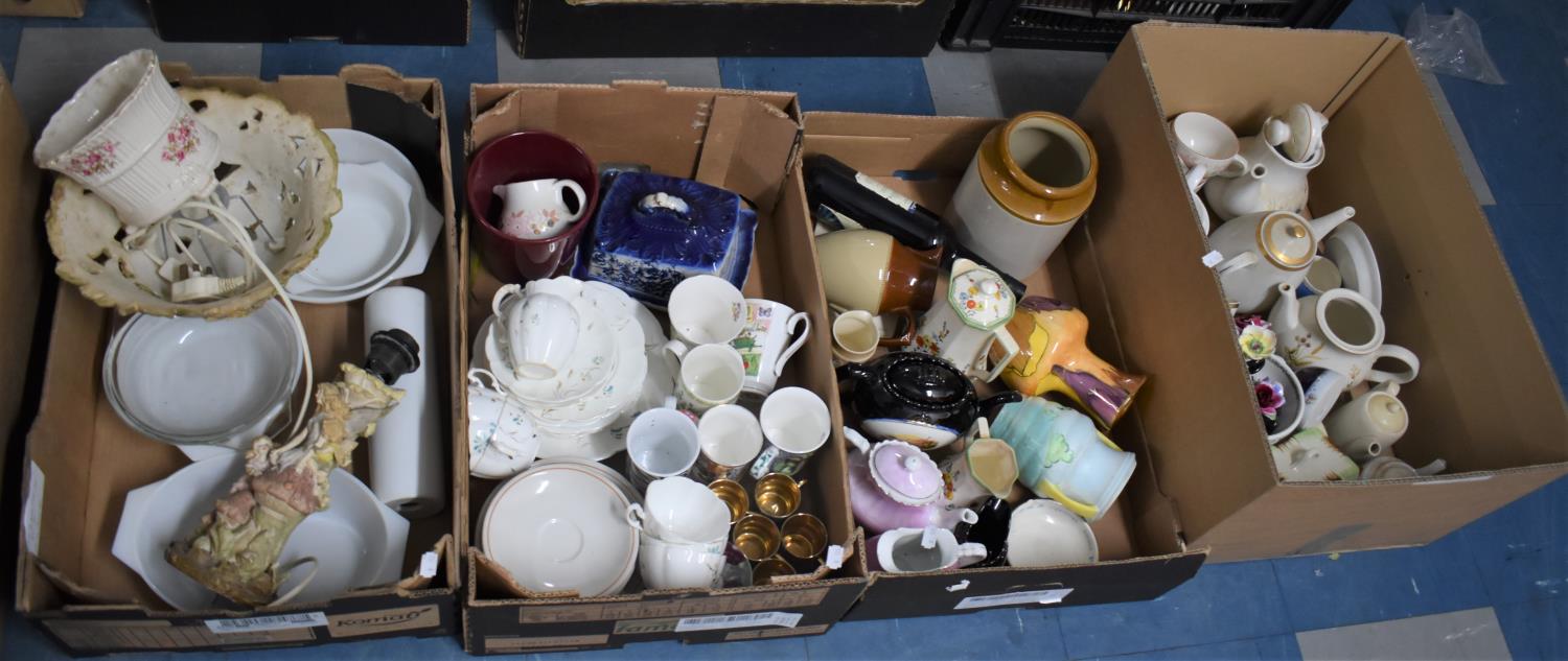 Four Boxes of Ceramics to Include Teapots, Posey Ornaments, Cheese Dish, Pyrex Kitchenwares etc