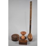 A Collection of Treen to include Vintage Diablo by Ayres Ltd, Olive Wood Boxes Inscribed for
