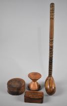 A Collection of Treen to include Vintage Diablo by Ayres Ltd, Olive Wood Boxes Inscribed for