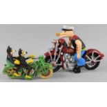 Two Reproduction Painted Cast Metal Figures, Popeye on Motorcycle and Mickey and Mini Mouse on