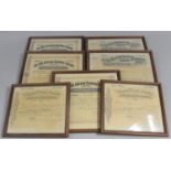 A Collection of Seven 19th Century Framed Share Certificates