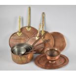 A Collection of Various Graduated Copper Saucepans, Copper Saucepan Lids, Plate, Bowl etc