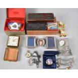 A Collection of Curios to Include Pendant Watches and Miniature Brass Clocks, Harmonicas, Boxed