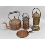 A Large Copper Kettle, Copper and Brass Cylindrical Jug and Copper Spirit Kettle