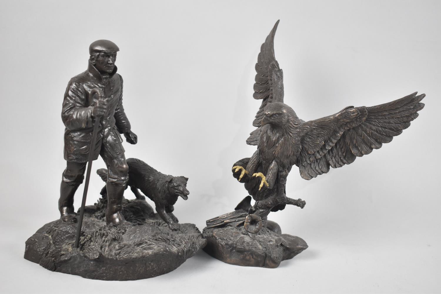 Two Bronze Effect Resin Figures, Shepherding and Kestrel, 20cm high