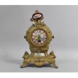 A French Gilt Plated Spelter Mantel Clock with Porcelain Panels and Vase Finial, Substantial