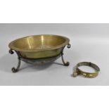 A Vintage Brass Dog Bowl in Wrought Iron Stand together with a Brass Dog Collar, 9.5cms Diameter