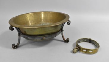 A Vintage Brass Dog Bowl in Wrought Iron Stand together with a Brass Dog Collar, 9.5cms Diameter