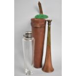 A Copper and Brass Hunting Horn together with a Leather Case Conical Glass Saddle Flask, 17cms Long,