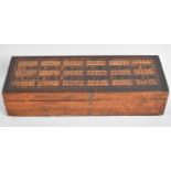 A Late 19th Century Inlaid Wooden Box with Cribbage Board Top Containing Six Spot Bone Mounted