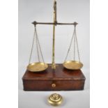 A 19th Century Set of Brass Pan Scales on Wooden Plinth Base with Drawer Containing Brass Weights,