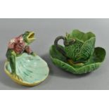 A Portuguese Palissy ware Caldas Cup and Saucer Formed as Green Glazed Cabbage Leaves, the Handle of