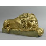 A Modern Cast Resin Study of Reclining Lion, Rectangular Plinth Base, 33cms Wide