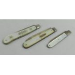A Collection of Three Silver Bladed Mother of Pearl Handled Pocket Knives, Condition Issues