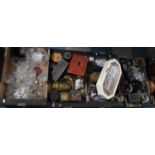 Four Boxes of Various Sundries to comprise Glassware, Tins, Treen Etc