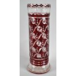 An Art Deco Bohemian Overlaid Ruby Glass Cylindrical Vase, Cut with Stylised Patterns of Leaves