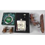 Two Boxed Hip Flasks, Candle Sconce and Pair of Opera Glasses