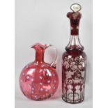 A Bohemian Overlaid Ruby Glass Decanter with Cork having Mother of Pearl Label for Rum, Together