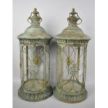 A Pair of Tall Reproduction Green Patinated Brass Lanterns, of Cylindrical Form, 56cms High