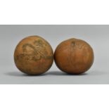 Two Chinese Engraved Seed Pods, One Depicting Battle Scene, Other Seated Maidens in Garden, 5cms