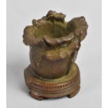 A Small Bronze Chinese Ink Pot in the Form of a Flower with Grasshopper on Rim, Four Character