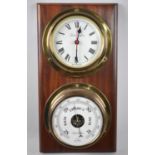 A Wall Hanging Brass Cased Ships Clock and Barometer Set on Rectangular Wooden Panel, 47cms High